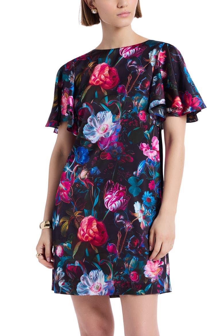 Alara Short Sleeve Cowl Back Shift Dress, Alternate, color, BLACK MULTI