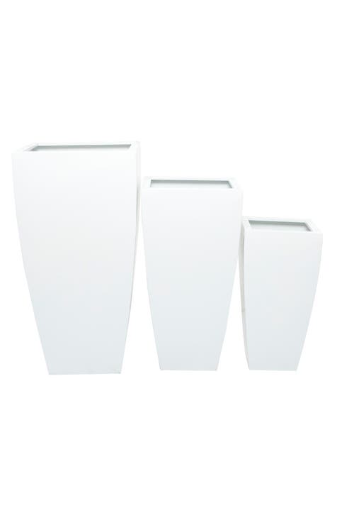 White Metal Modern Planter with Tapered Base & Fluted Design - Set of 3