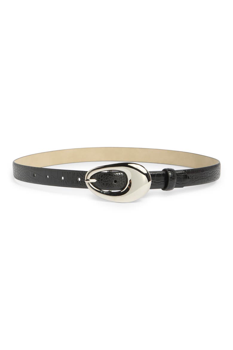 Sculptural Oval Buckle Croc Embossed Faux Leather Belt, Main, color, BLACK SILVER