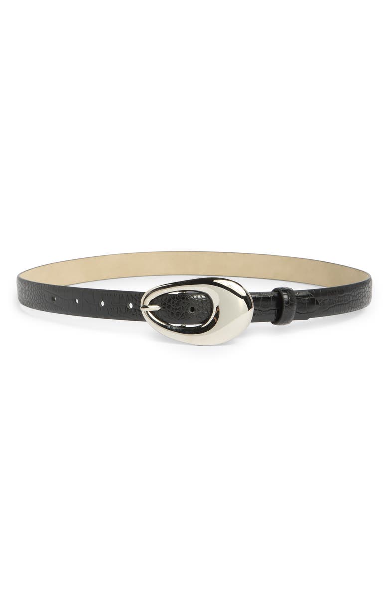 Vince Camuto Sculptural Oval Buckle Croc Embossed Faux Leather Belt, Main, color, Black Silver