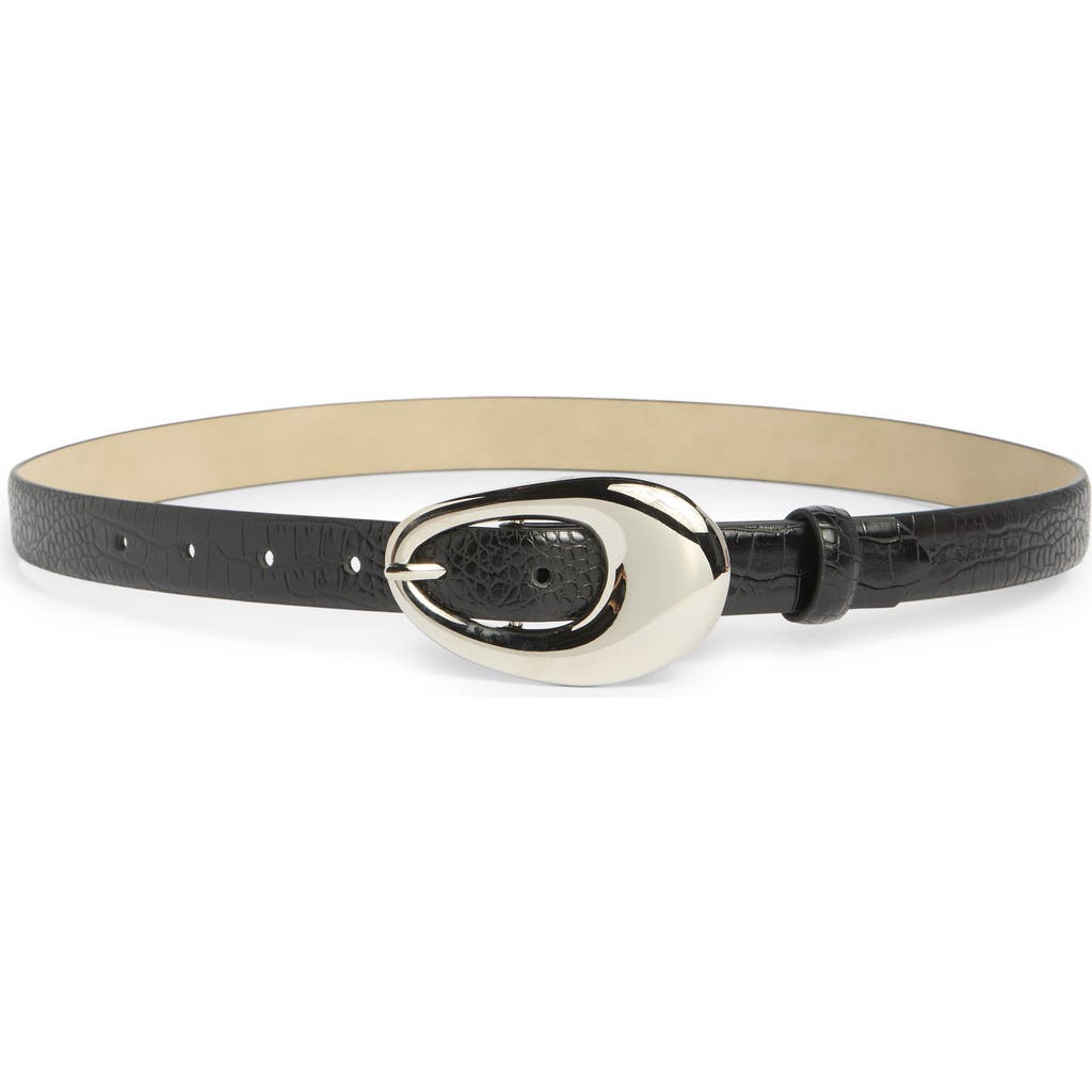 Vince Camuto Sculptural Oval Buckle Croc Embossed Faux Leather Belt In Black