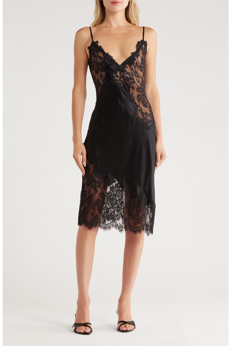 Diya Lace Trim Silk Slipdress, Main, color, BLACK