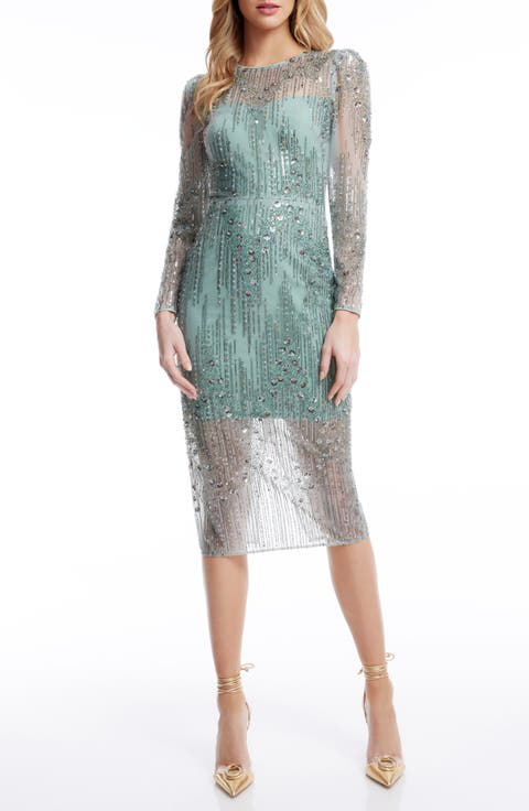 Sophia Bead & Sequin Long Sleeve Cocktail Midi Dress