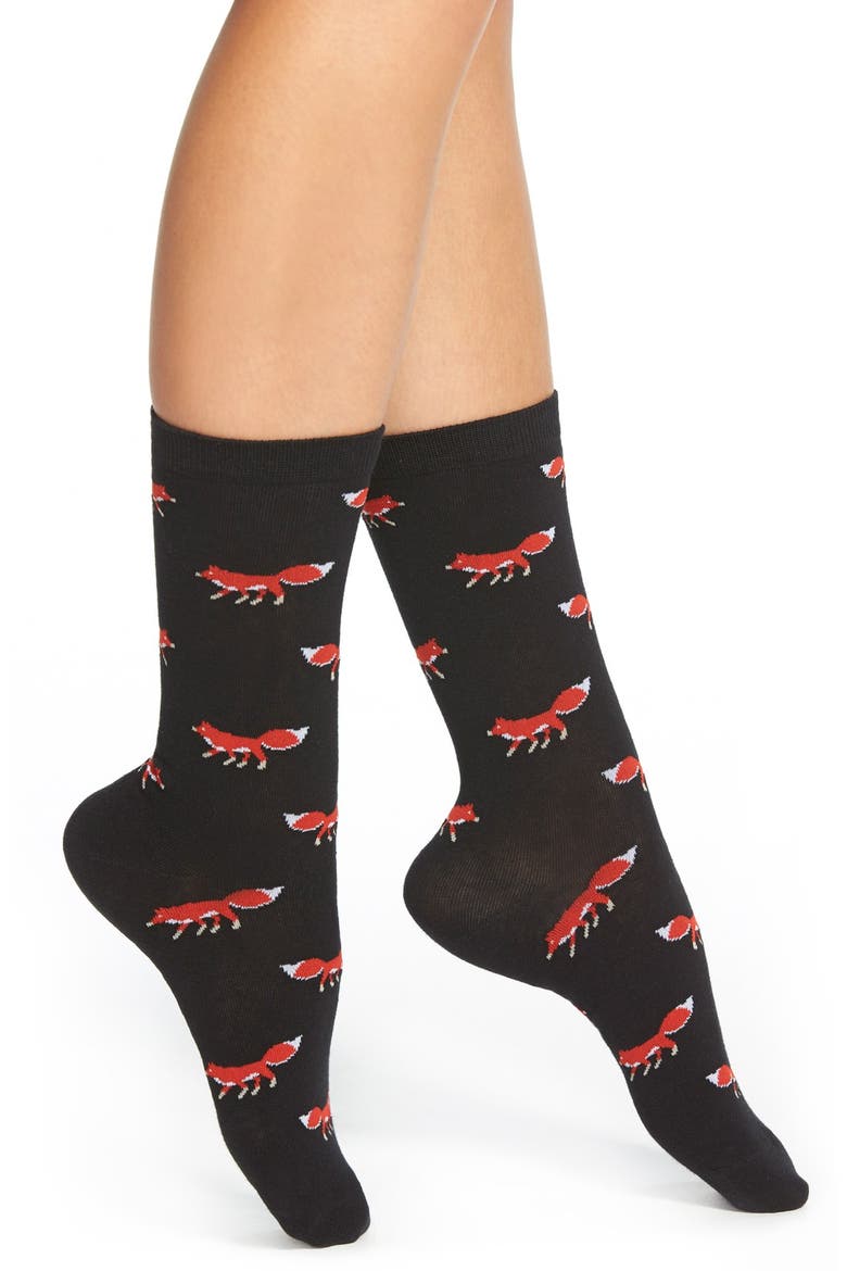 'walking foxes' crew socks, Main, color, BLACK