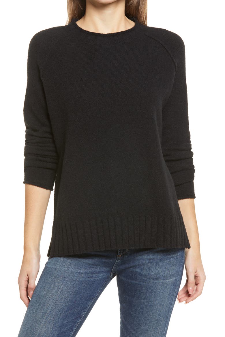Cozy Rolled Crewneck Sweater, Main, color, BLACK