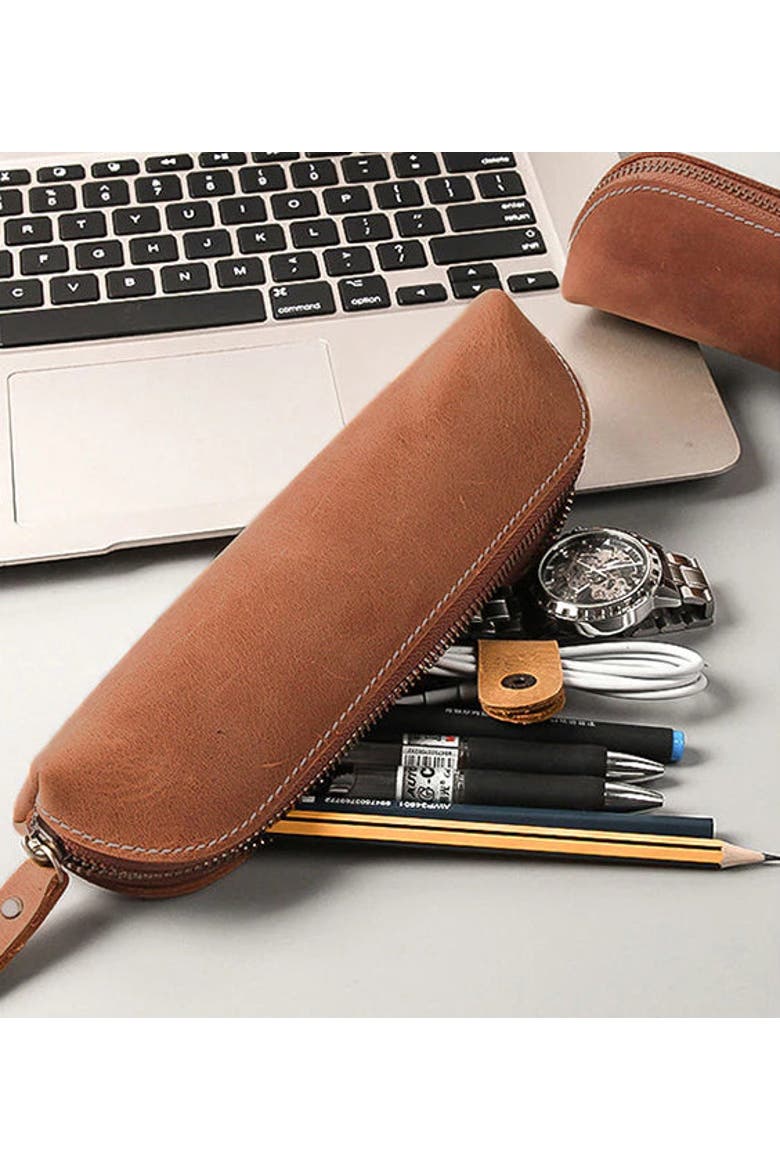 The Paavo Leather Pen Case | Leather Makeup Pouch, Alternate, color, Brown