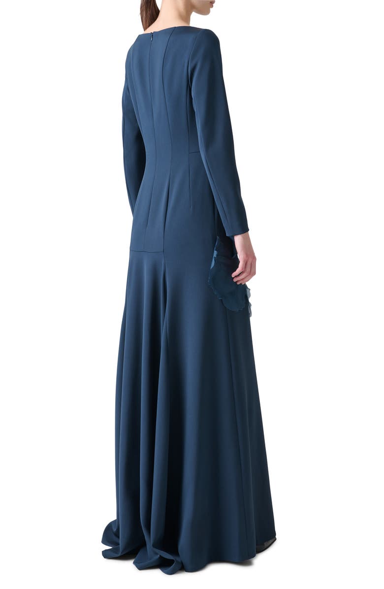Akris 3D Flower Appliqué Long Sleeve Stretch Organza Gown, Alternate, color, Navy