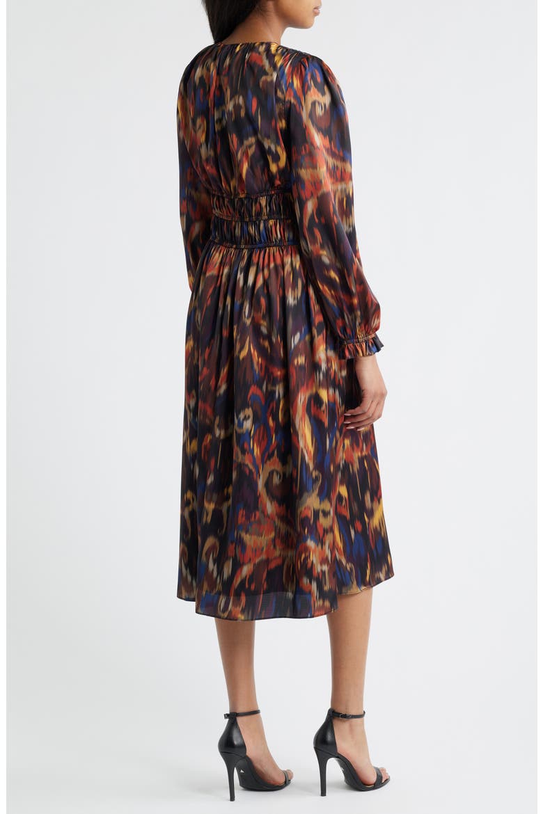 Ikat Long Sleeve Stretch Satin Midi Dress, Alternate, color, ORANGE MULTI