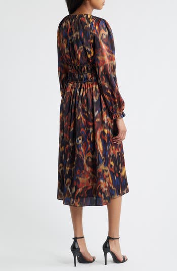 Ikat Long Sleeve Stretch Satin Midi Dress