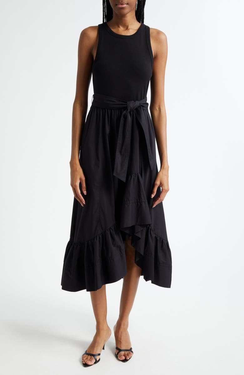 Cinq à Sept Zayla Mixed Media Ruffle Midi Dress, Main, color, Black