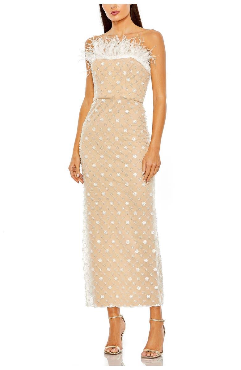 Mac Duggal Floral Embellished Mesh Gown with Blouson Bodice and Fitted Skirt, Main, color, Ivory Nude