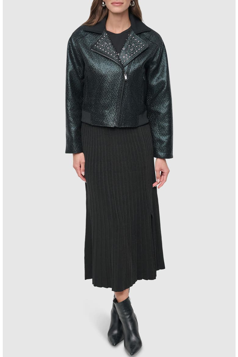 Foil Tweed Moto Jacket, Alternate, color, BLACK