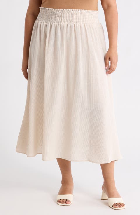 Pinstripe Smocked Waist Cotton Blend Skirt (Plus)