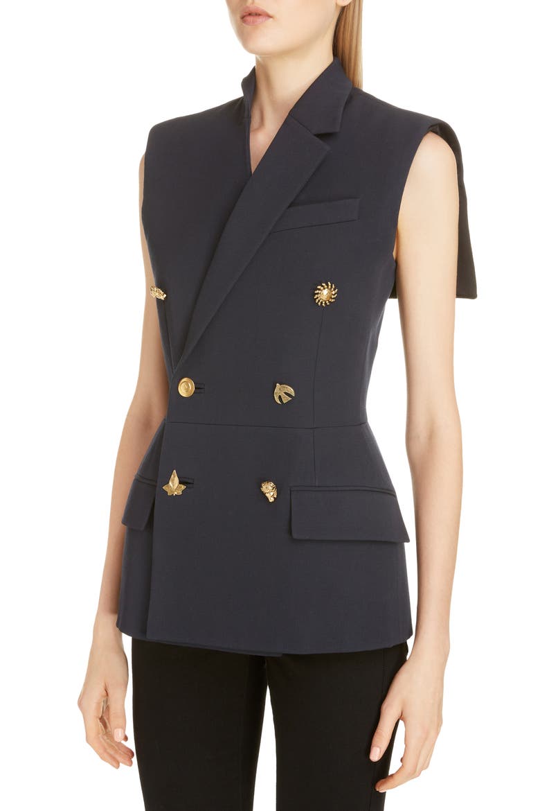 Charm Button Sleeveless Double Breasted Wool Jacket, Alternate, color, NAVY