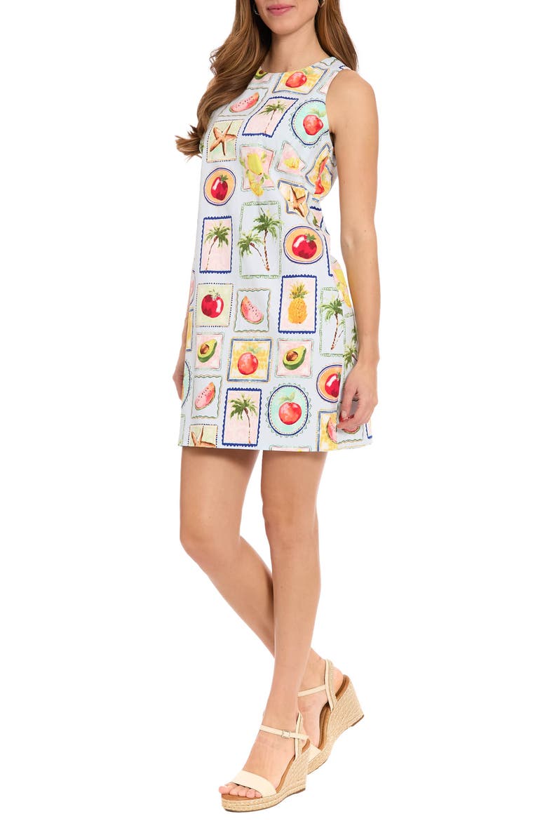 Print Sateen Shift Dress, Alternate, color, SKY BLUE/ ORANGE