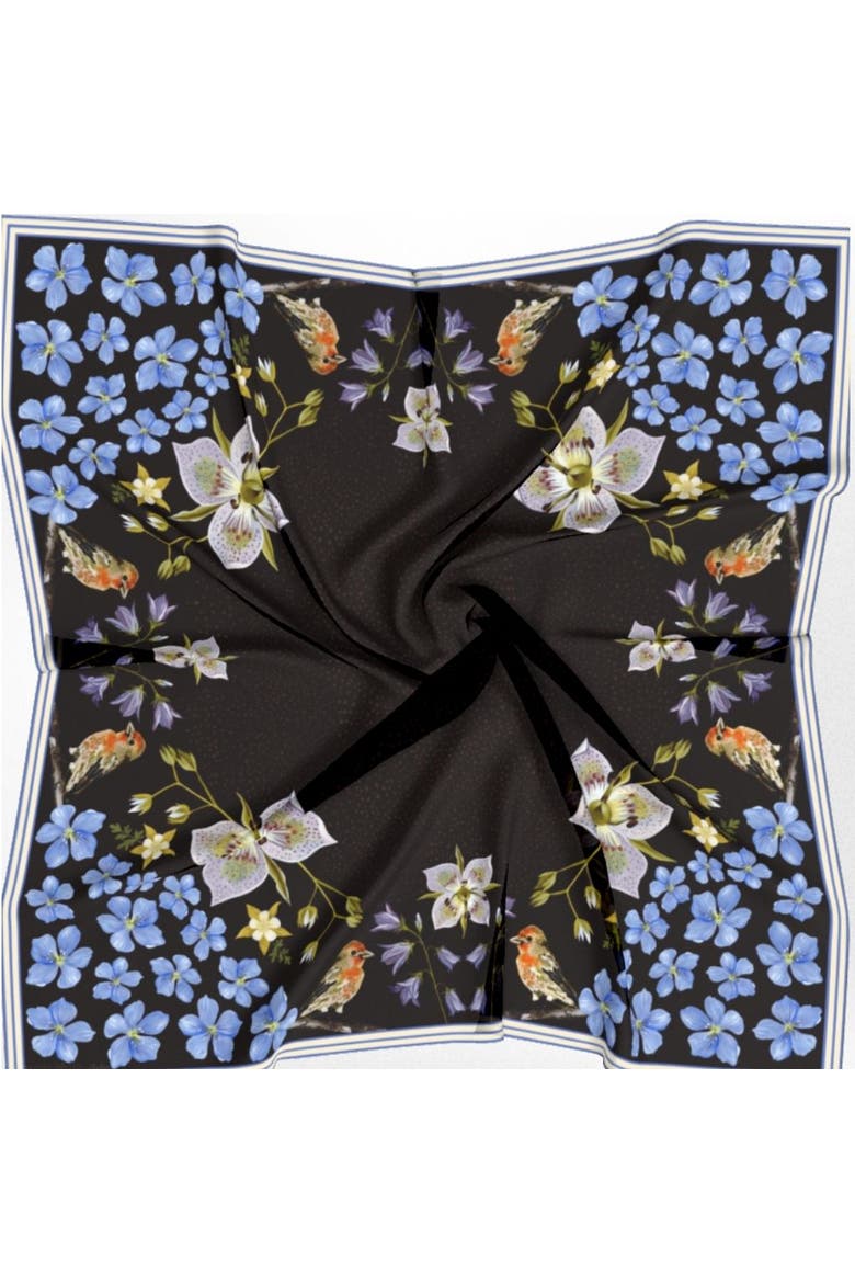 100% Silk Scarf Black Gentian - Floral Bird Design, Alternate, color, 35 x 35"