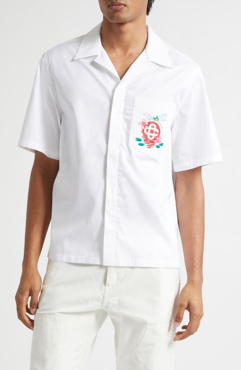 Embroidered Cotton Poplin Short Sleeve Button-Up Shirt