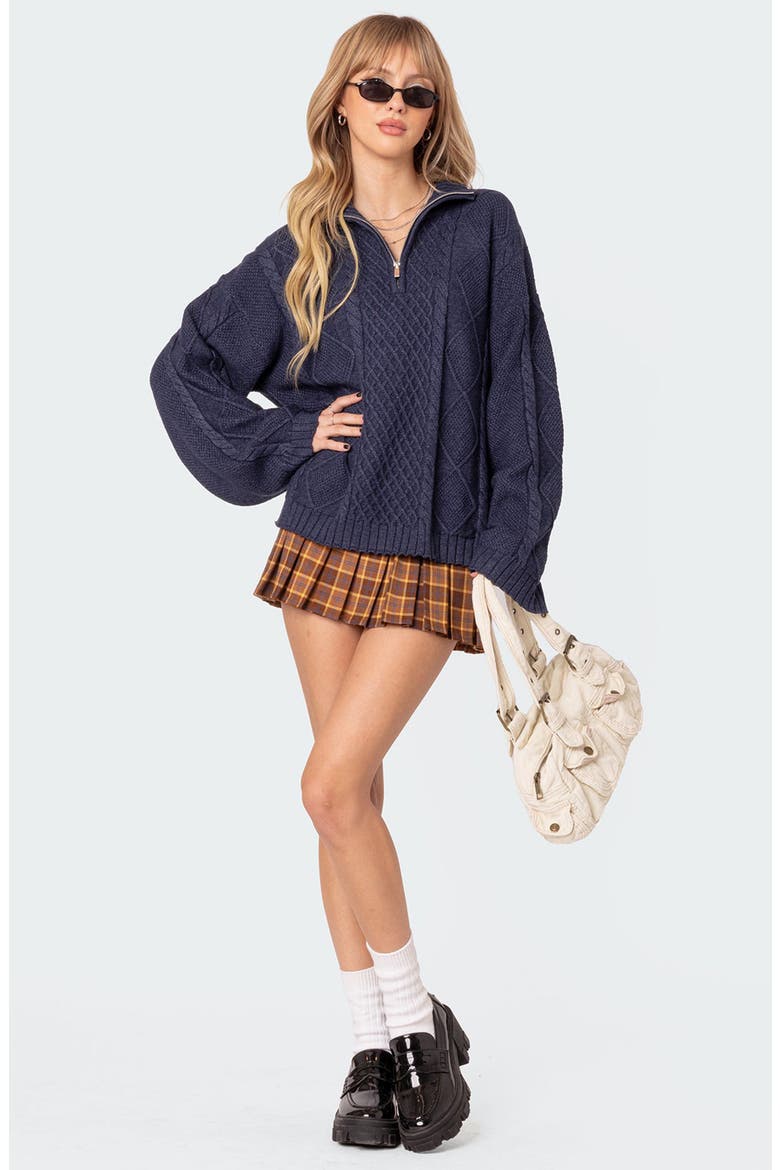 Oversize Cable Stitch Quarter Zip Sweater, Alternate, color, NAVY