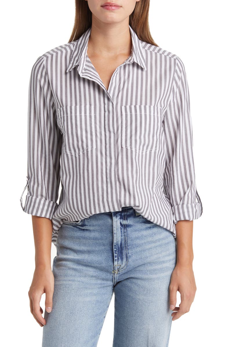 beachlunchlounge Stripe Cotton & Modal Button-Up Shirt, Main, color, 