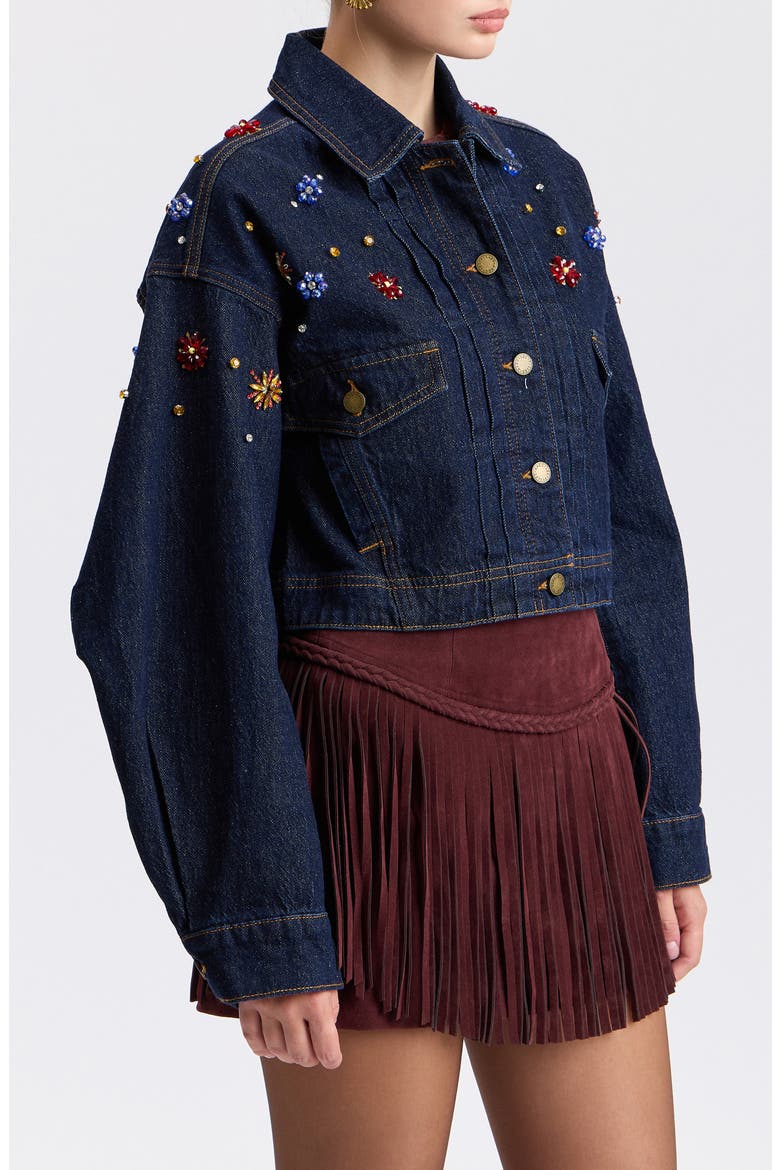 Crystal Embellished Crop Denim Trucker Jacket, Alternate, color, MULTI GEM-DARK RINSE