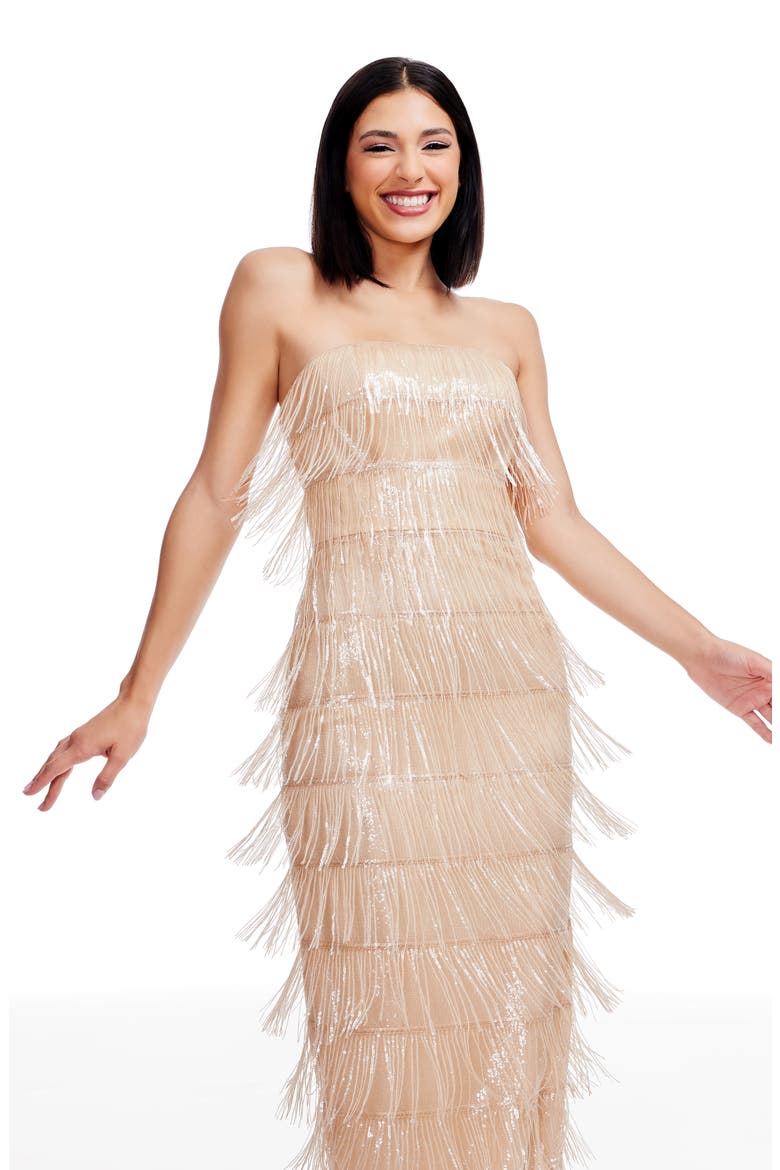 Tanya Sequin Fringe Strapless Dress, Alternate, color, CHAMPGANE