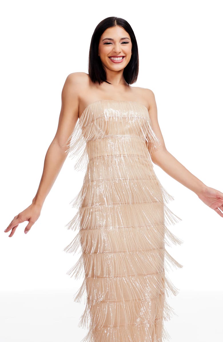 Dress the Population Tanya Sequin Fringe Strapless Dress, Alternate, color, Champgane