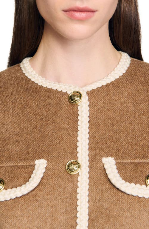 Sandro Womens Dark Blond Round-neck Four-pocket Wool-blend Jacket In Brown