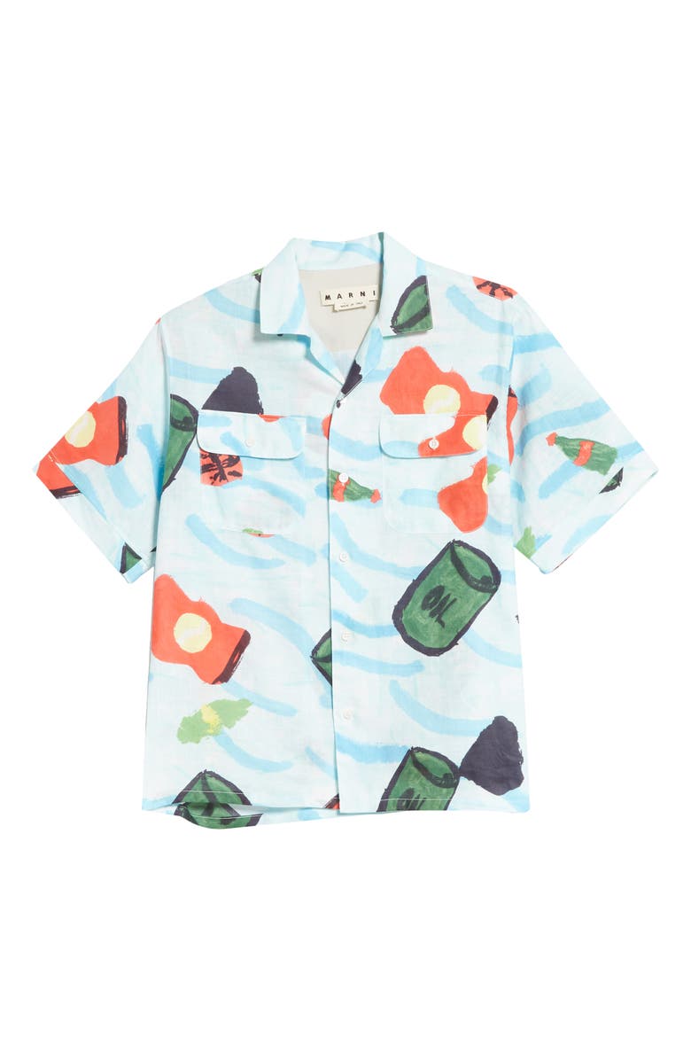 Marni Waste Sea Print Short Sleeve Ramie Button-Up Shirt, Alternate, color, 