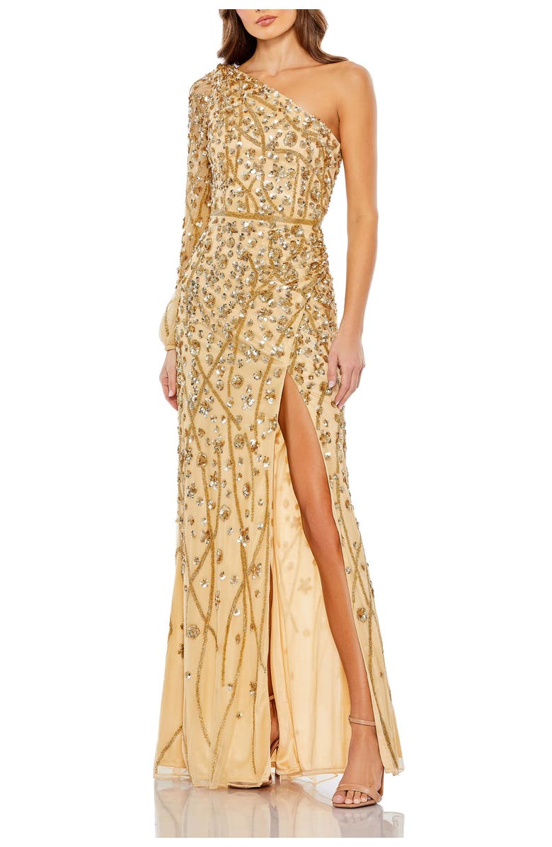 Mac Duggal Embellished One Sleeve Faux Wrap Gown, Main, color, Gold