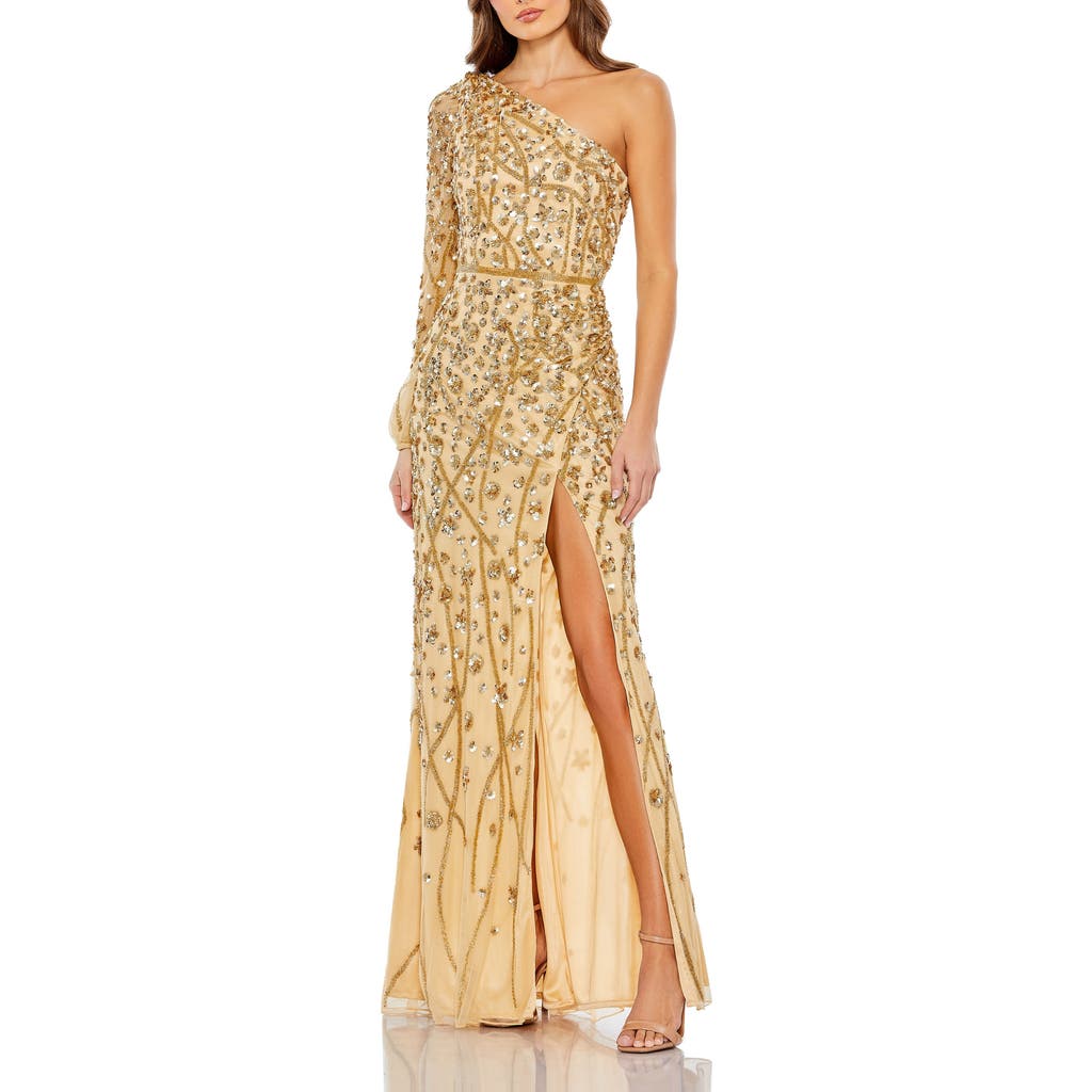 Mac Duggal Embellished One Sleeve Faux Wrap Gown In Gold