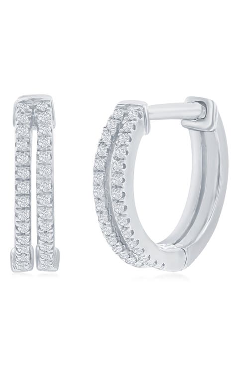 Sterling Silver Pavé Diamond Double Row Huggie Hoop Earrings - 0.12ct.