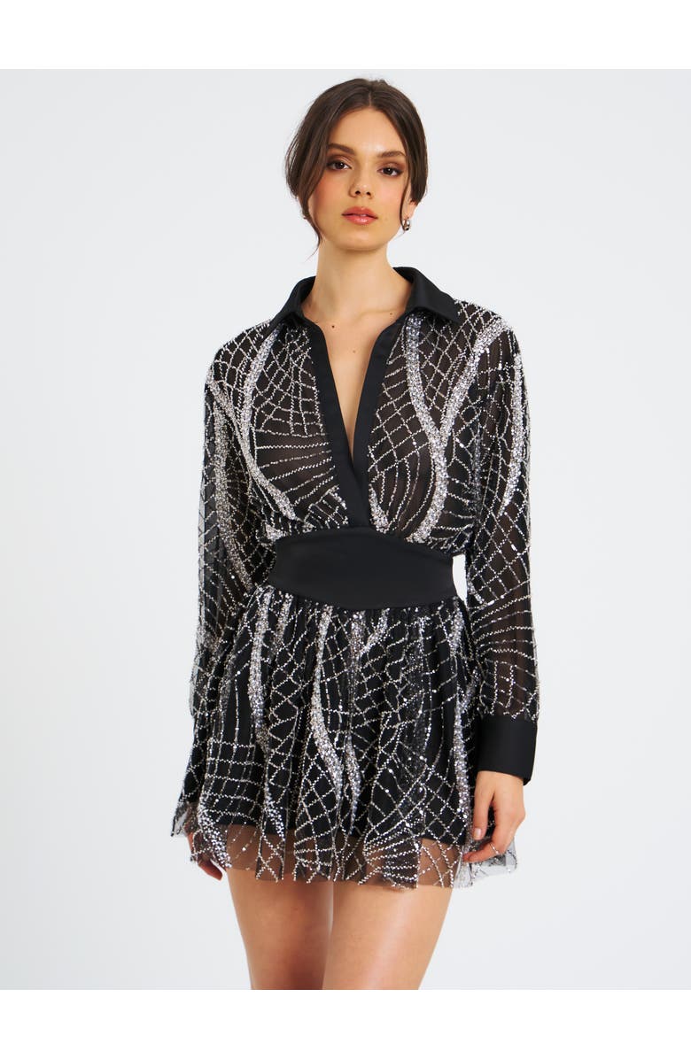 Miss Circle Rachelle Embroidered Mesh Mini Shirt Dress, Alternate, color, Black And White
