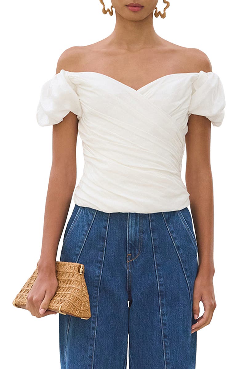 Cult Gaia Helene Ruched Off the Shoulder Linen Blend Top, Main, color, Off White