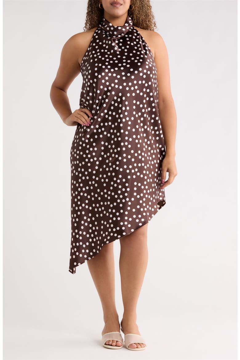 Polka Dot Asymmetric Hem Satin Halter Dress, Main, color, BROWN