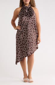 Renee C Polka Dot Asymmetric Hem Satin Halter Dress