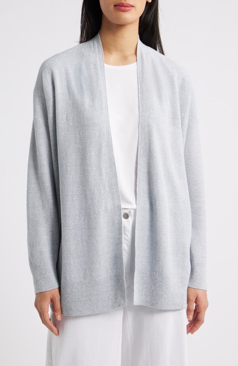 Eileen Fisher Organic Linen Blend Open Front Cardigan, Main, color, Fog