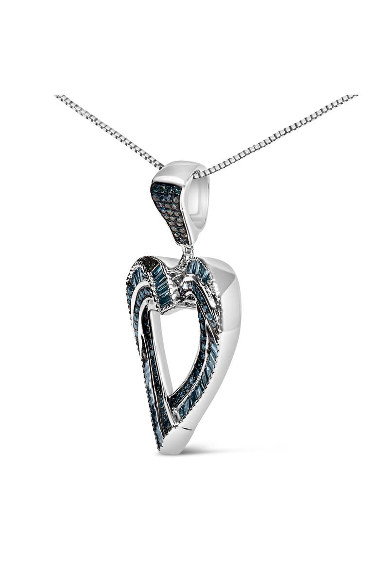 .925 Sterling Silver 1.00 Cttw Baguette and Round Blue Diamond Open Heart Pendant Necklace, Alternate, color, Silver