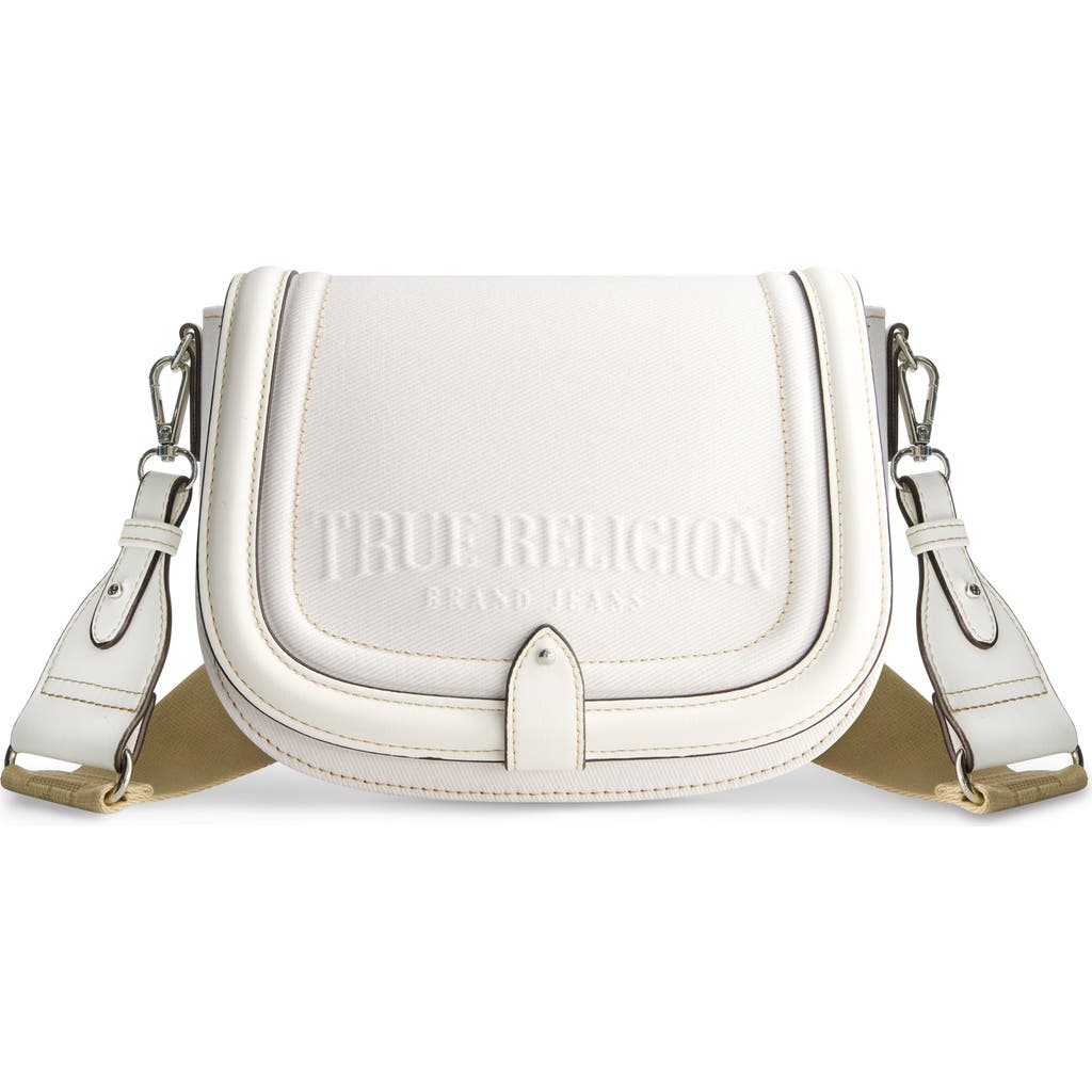 True Religion Distressed Logo Denim Saddle Bag In White
