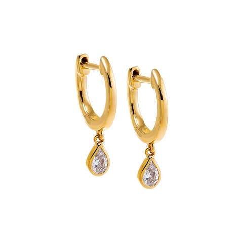 Diamond Pear Bezel Dangling Huggie Earring 14K