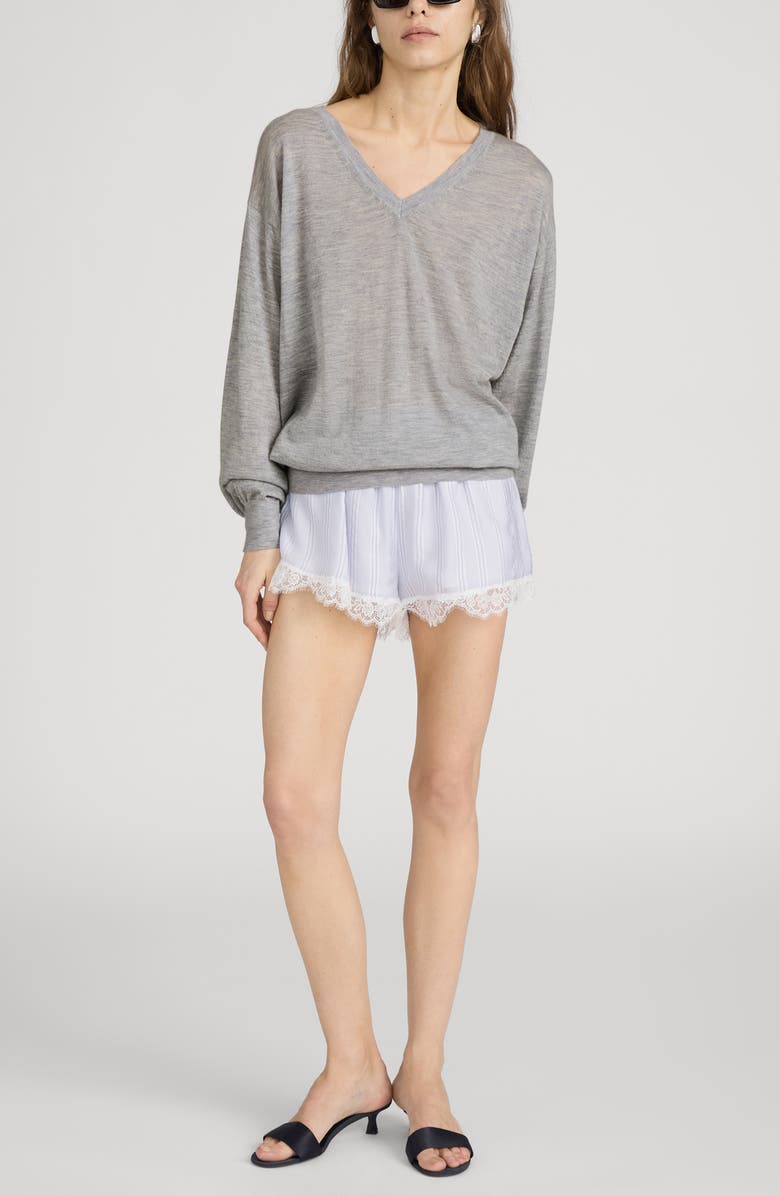 FRAME Lace Detail Stripe Silk Lounge Shorts, Alternate, color, Chambray Multi