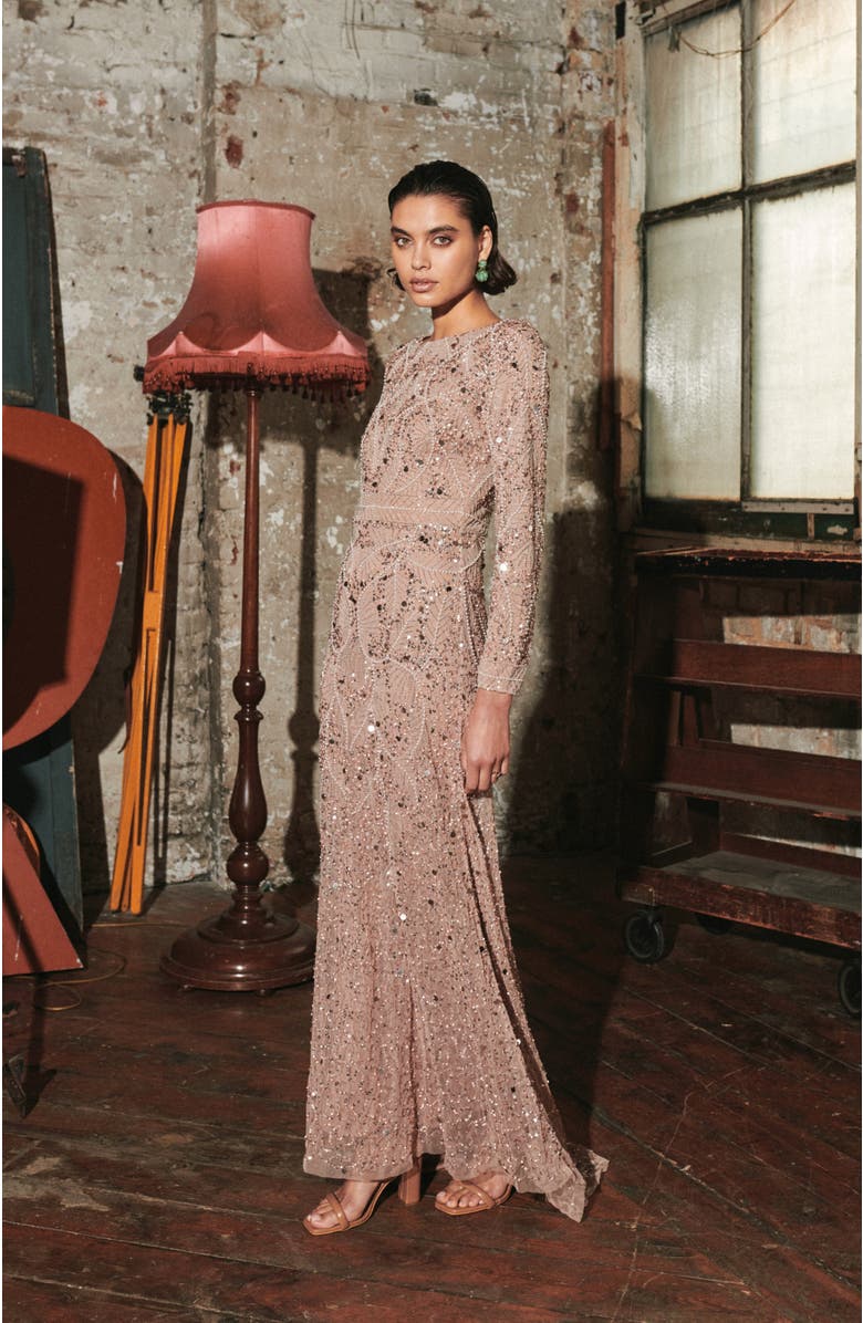 MARYISA Occasion Modest Embellished Sequin Beaded High Neck Evening Dress, Alternate, color,