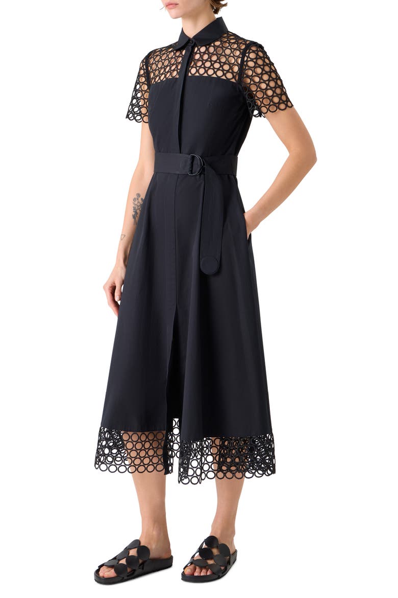 Belted Circle Lace & Poplin Shirtdress, Alternate, color, BLACK