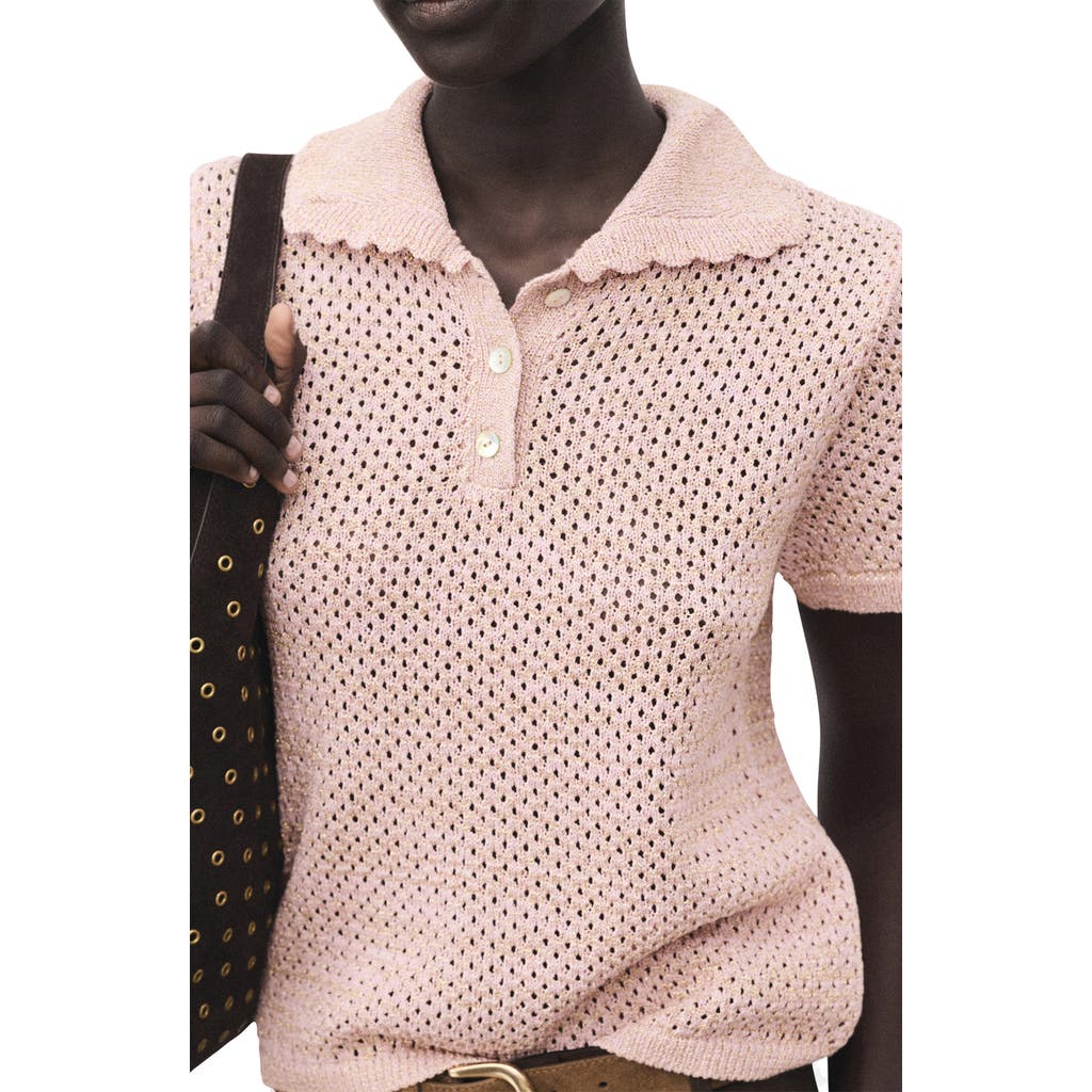 Mango Limusin Metallic Open Stitch Polo Sweater In Pink