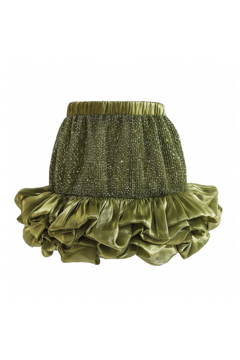 Evadelle Satin Ruffle Skirt Set, Alternate, color, Olive Green