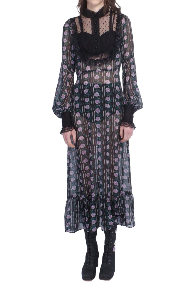 Rosetti Chiffon Victorian Bib Dress, Main, color, BLACK/LILAC MULTI