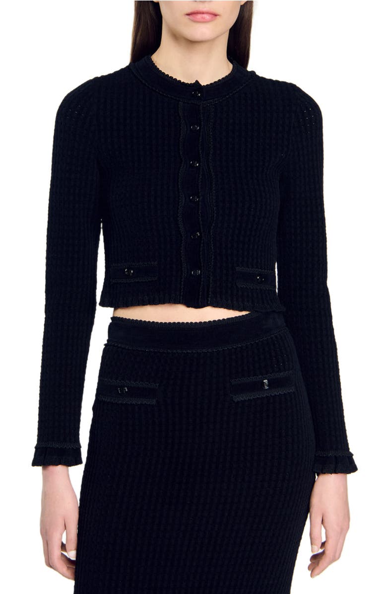 SANDRO Velvet knit cropped cardigan, Main, color,