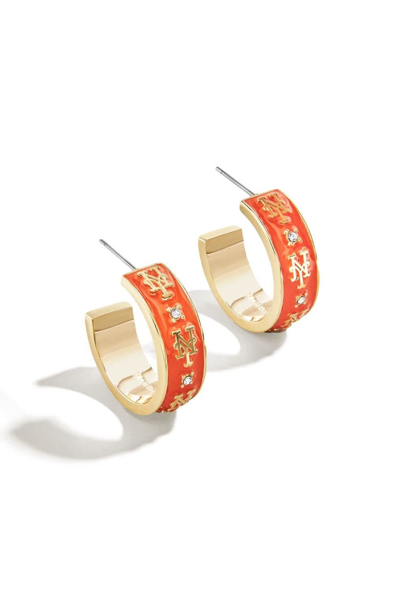 WEAR by Erin Andrews x BaubleBar New York Mets Enamel Hoop Earrings, Main, color, Gold