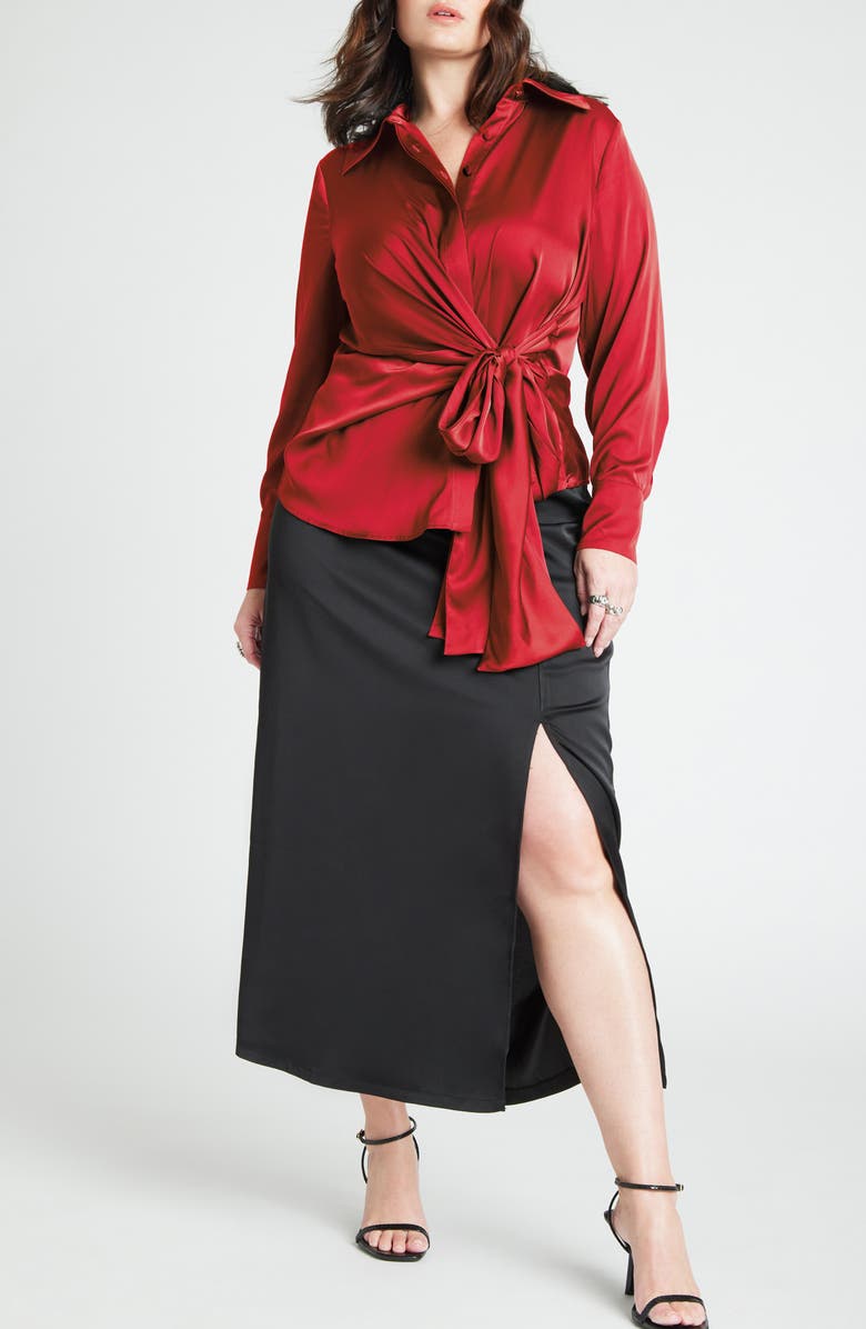 ELOQUII Tie Front Satin Shirt, Alternate, color,