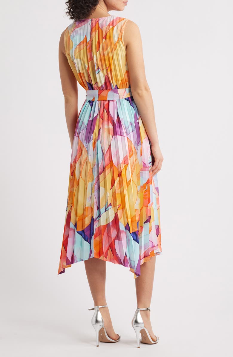 Tahari ASL Abstract Print Pleated Handkerchief Hem Midi Dress, Alternate, color, Orange Multi