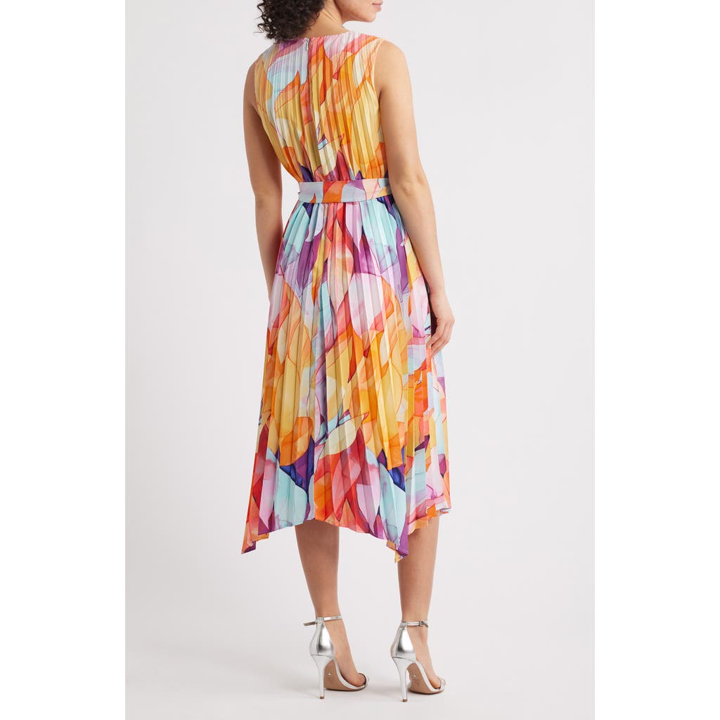 Tahari Asl Abstract Print Pleated Handkerchief Hem Midi Dress In Orange Multi
